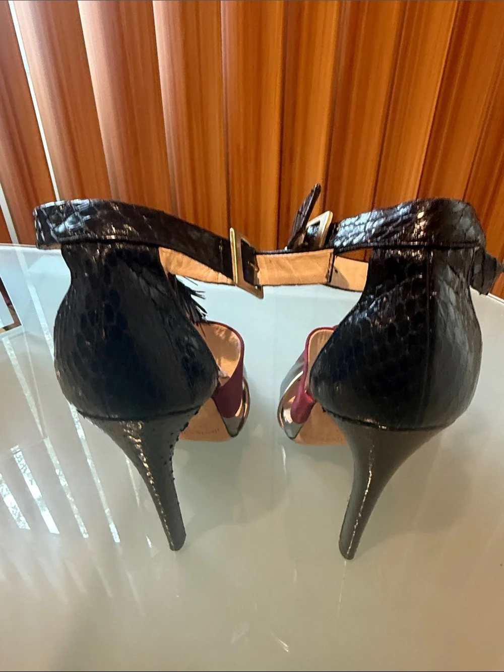 Jimmy Choo Metallic Bronze Sandal with Burgundy and Black Fringe